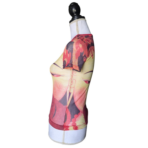 Vivienne Tam Buddha 90s Y2K Mesh Short Sleeve Top Size XS Small Rare Nylon Red - Picture 10 of 11